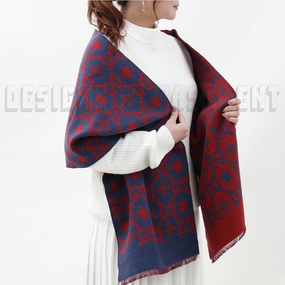 GUCCI red & blue CONSTELLATION Bee GG Stars wool/silk reversible long scarf NWT - Picture 3 of 12